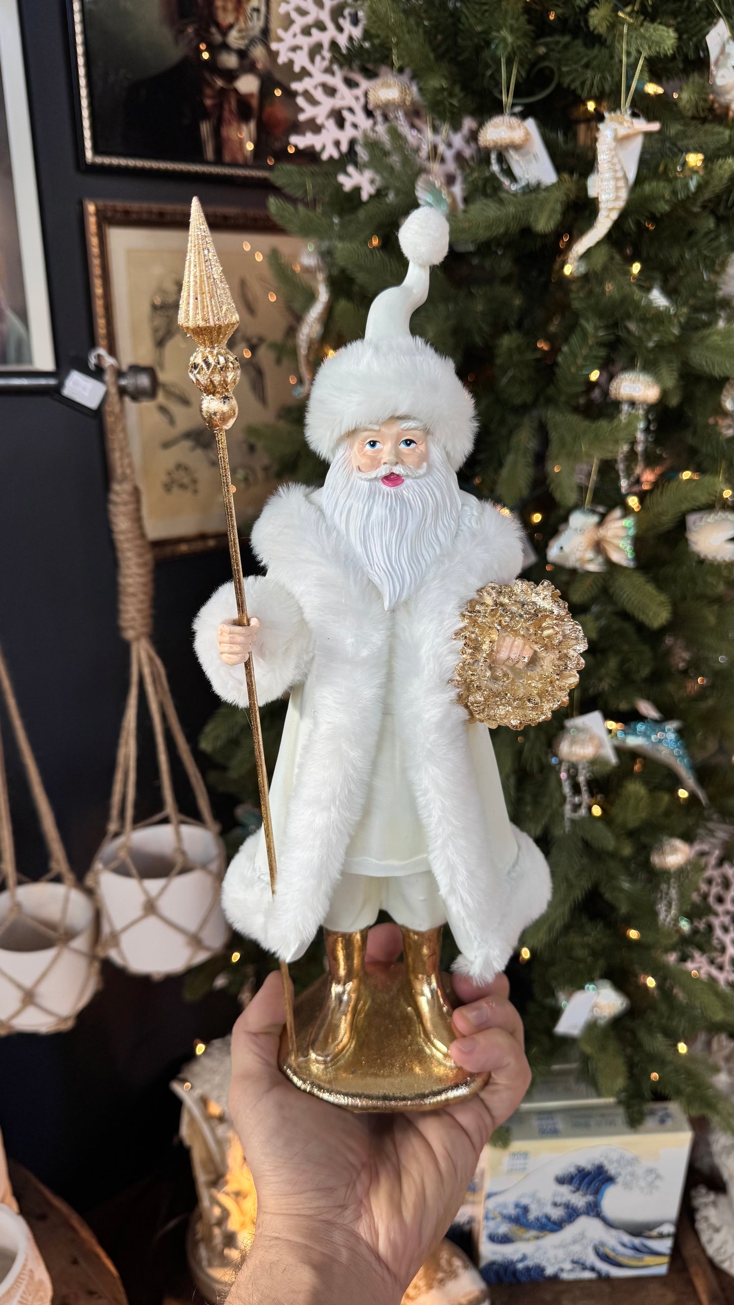 Gold Wreath Santa - White