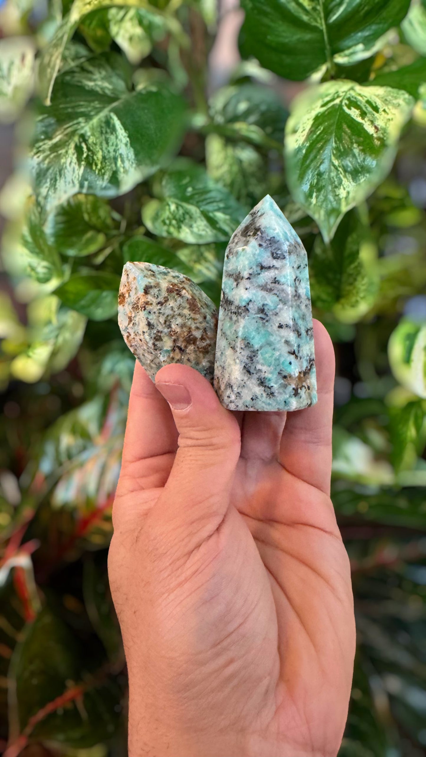 Amazonite with Garnet - Polished Point