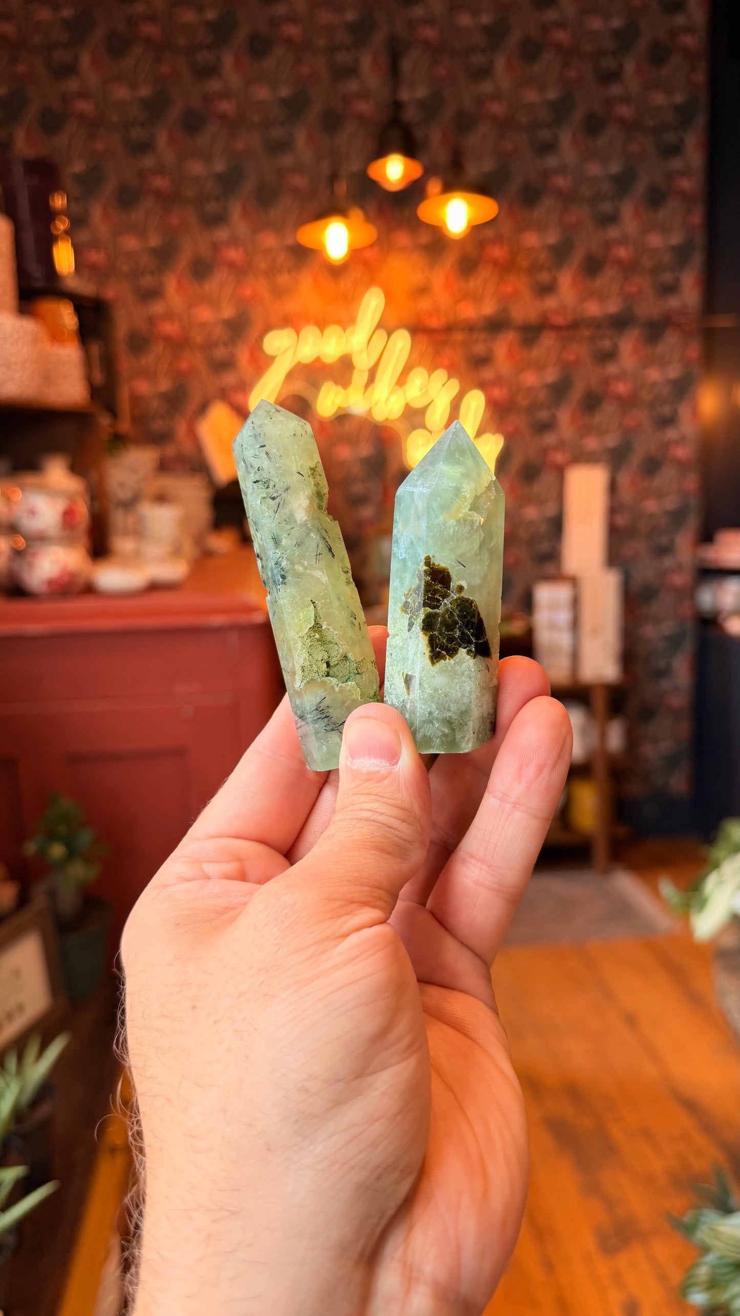 Prehnite With Black Epidote - Polished Point Tower