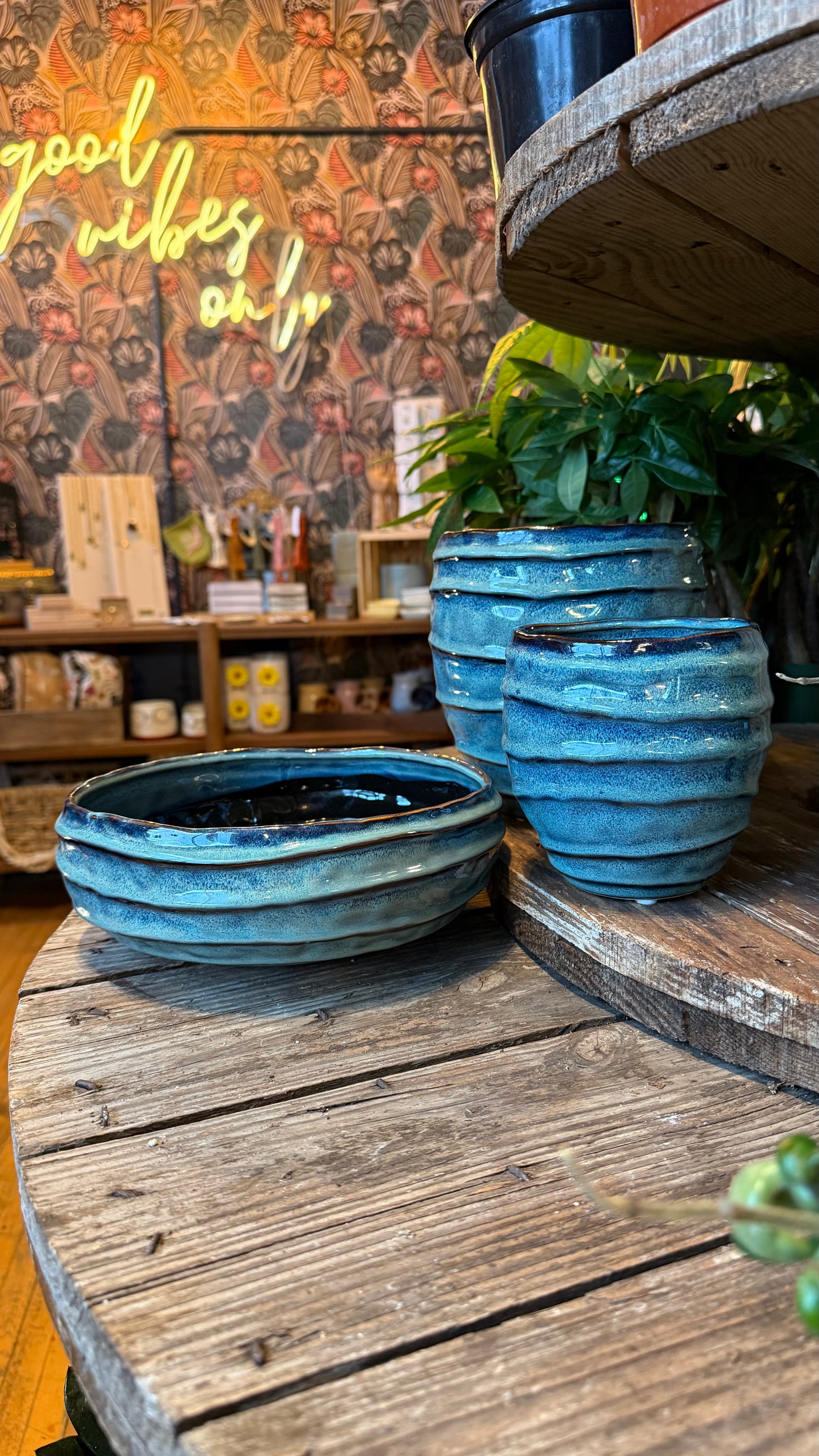 Teal Wave Ceramic Planters